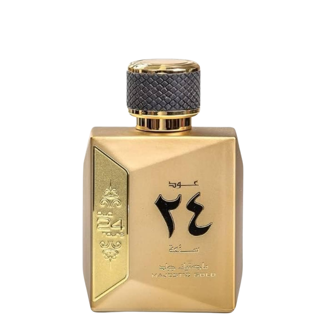 A gold-colored perfume bottle with black and gold label, and a textured black cap. Oud 24 Hours Majestic Gold Unisex Perfume by Ard Al Zaafaran