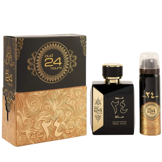 Oud 24 Hours perfume set with black and gold packaging on a white background