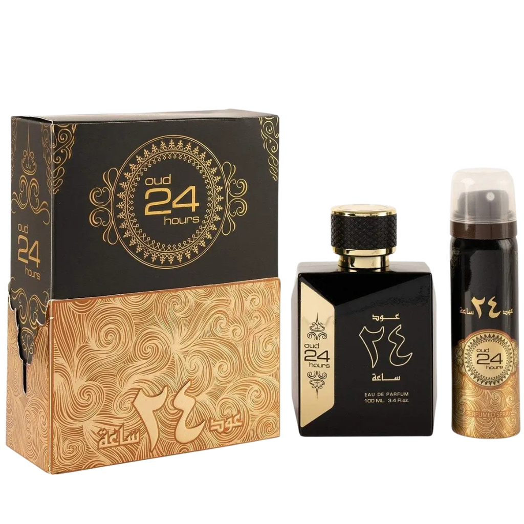 Oud 24 Hours perfume set with black and gold packaging on a white background
