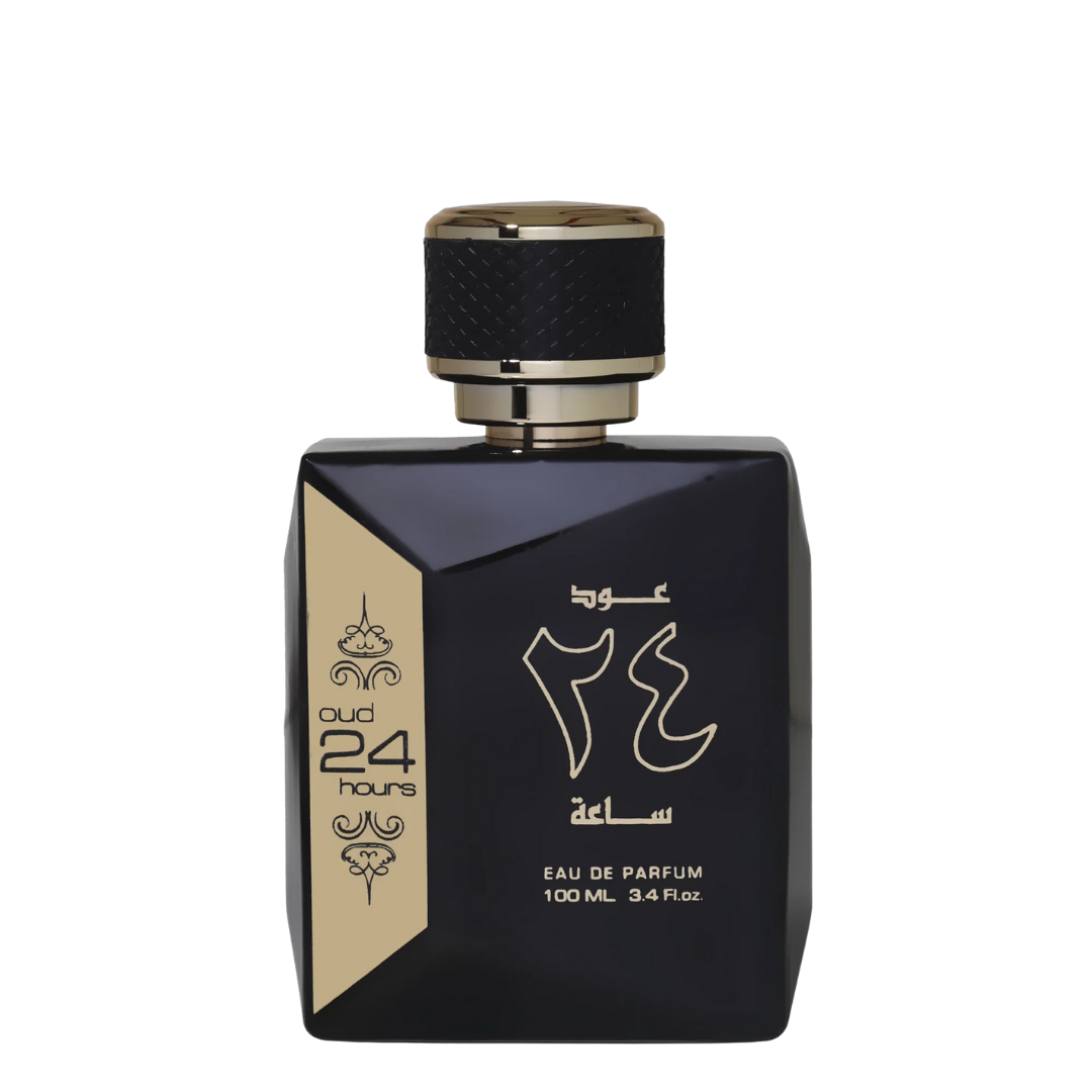 Black and gold perfume bottle with 'Oud 24 Hours' text on a white background
