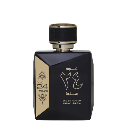 Black and gold perfume bottle with 'Oud 24 Hours' text on a white background