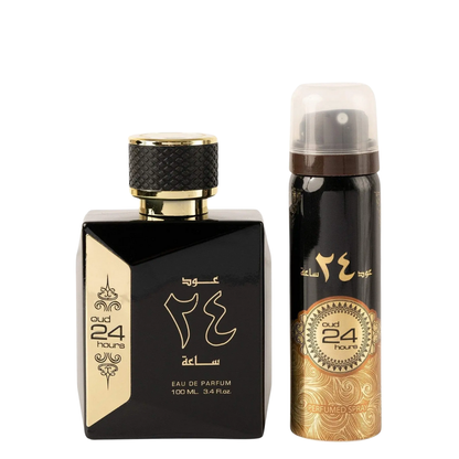Two black and gold perfume bottles with 'Oud 24 Hours' branding on a white background.