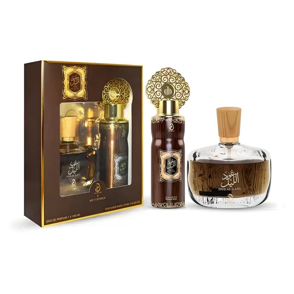 Set of perfume bottles with packaging on a white background. Oud Al Layl Giftset by Arabiyat Unisex Perfume