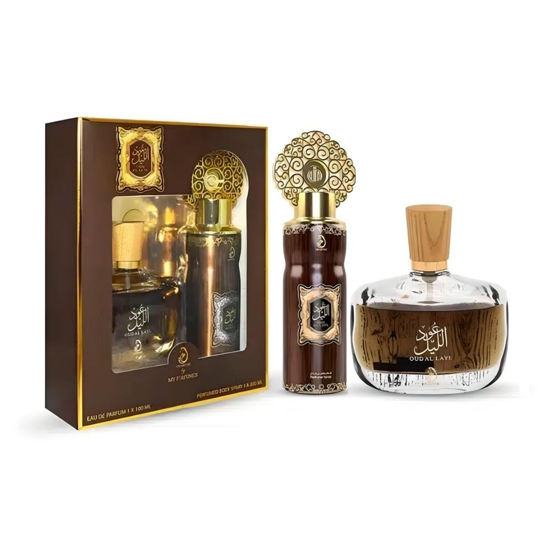 Set of perfume bottles with packaging on a white background. Oud Al Layl Giftset by Arabiyat Unisex Perfume