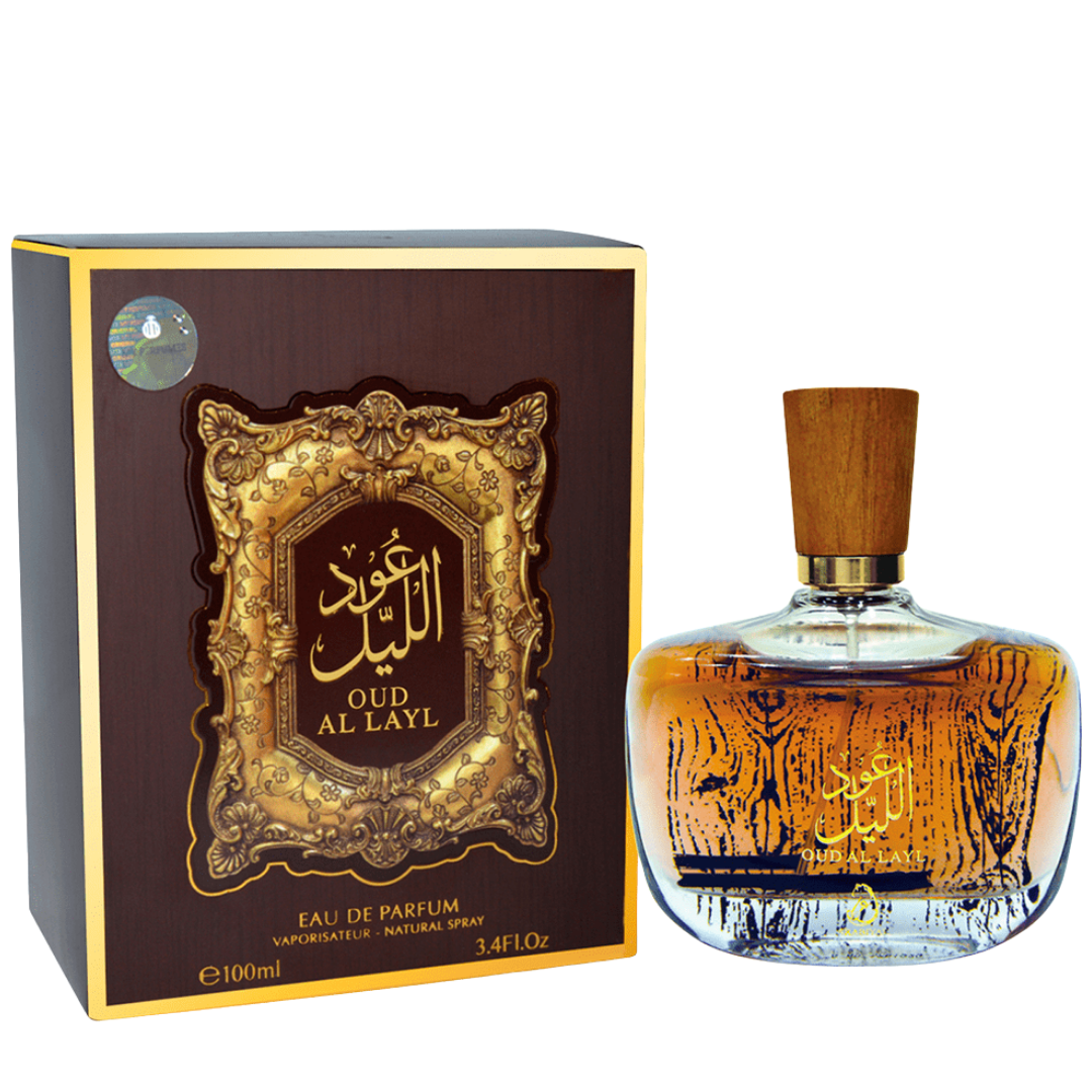 Oud Al Layl perfume bottle and packaging on a white background
