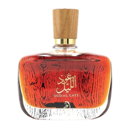 Perfume bottle with wooden cap on a white background. Oud Al Layl by Arabiyat Unisex Perfume