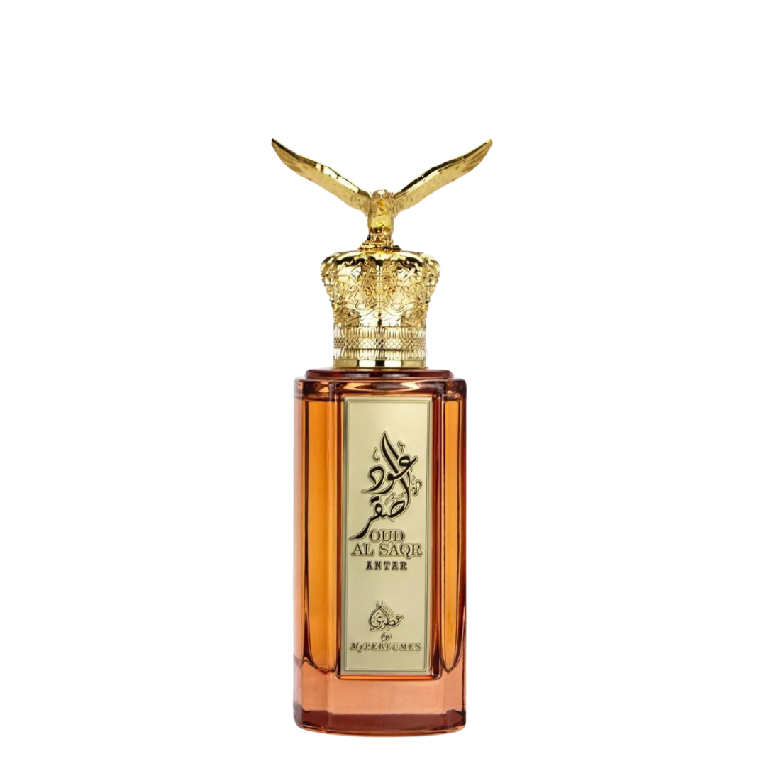 Luxury Oud Al Saqr Antar Eau de Parfum 100ml with elegant brown and gold packaging, featuring Arabic calligraphy and golden eagle cap design.