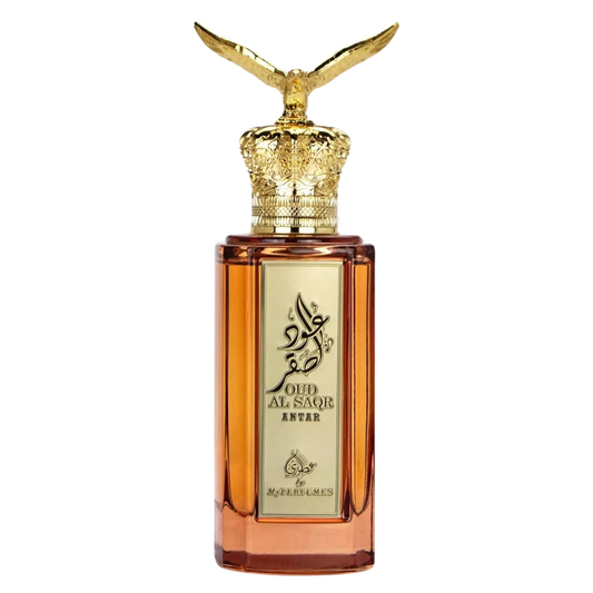 Luxury Oud Al Saqr Antar Eau de Parfum 100ml with elegant brown and gold packaging, featuring Arabic calligraphy and golden eagle cap design.