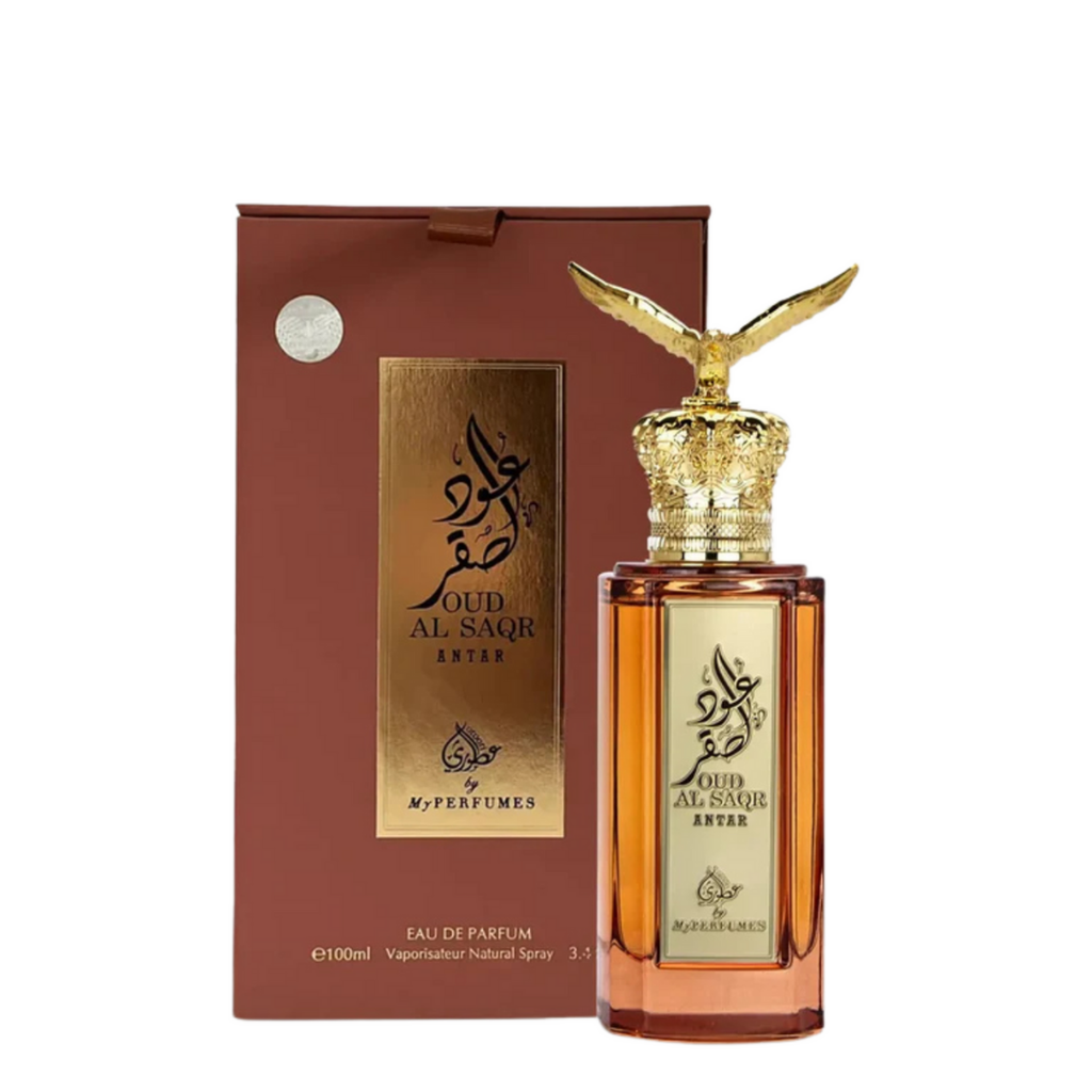 Oud Al Saqr Antar 100ml Eau de Parfum with premium brown and gold packaging and luxurious golden eagle-capped perfume bottle.