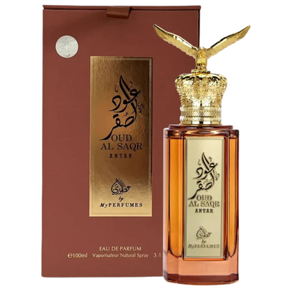 Oud Al Saqr Antar 100ml Eau de Parfum with premium brown and gold packaging and luxurious golden eagle-capped perfume bottle.
