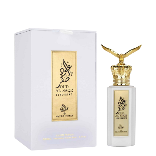 Oud Al Saqr Peregrine perfume bottle and packaging on a white background