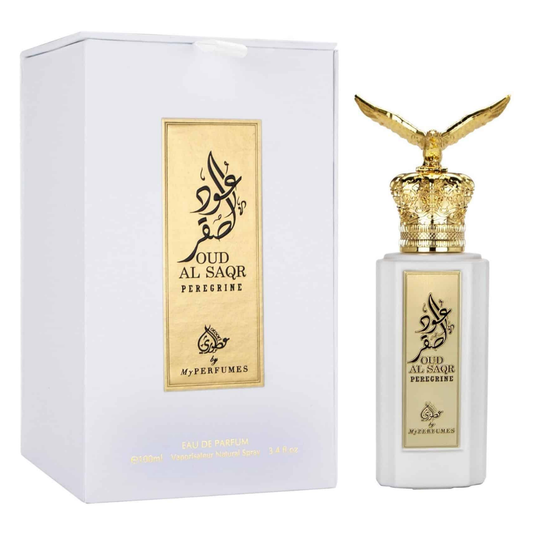 Oud Al Saqr Peregrine perfume bottle and packaging on a white background