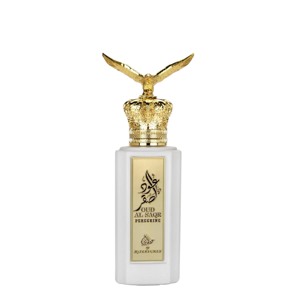 Perfume bottle with gold cap and white body on a white background. Oud Al Saqr Peregrine by Arabiyat Prestige Unisex Perfume