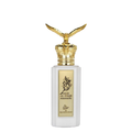 Perfume bottle with gold cap and white body on a white background. Oud Al Saqr Peregrine by Arabiyat Prestige Unisex Perfume