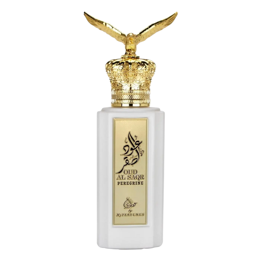 Perfume bottle with gold cap and white body on a white background. Oud Al Saqr Peregrine by Arabiyat Prestige Unisex Perfume