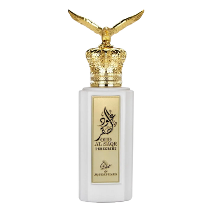 Perfume bottle with gold cap and white body on a white background. Oud Al Saqr Peregrine by Arabiyat Prestige Unisex Perfume