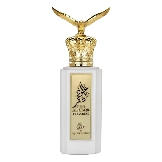 Perfume bottle with gold cap and white body on a white background. Oud Al Saqr Peregrine by Arabiyat Prestige Unisex Perfume