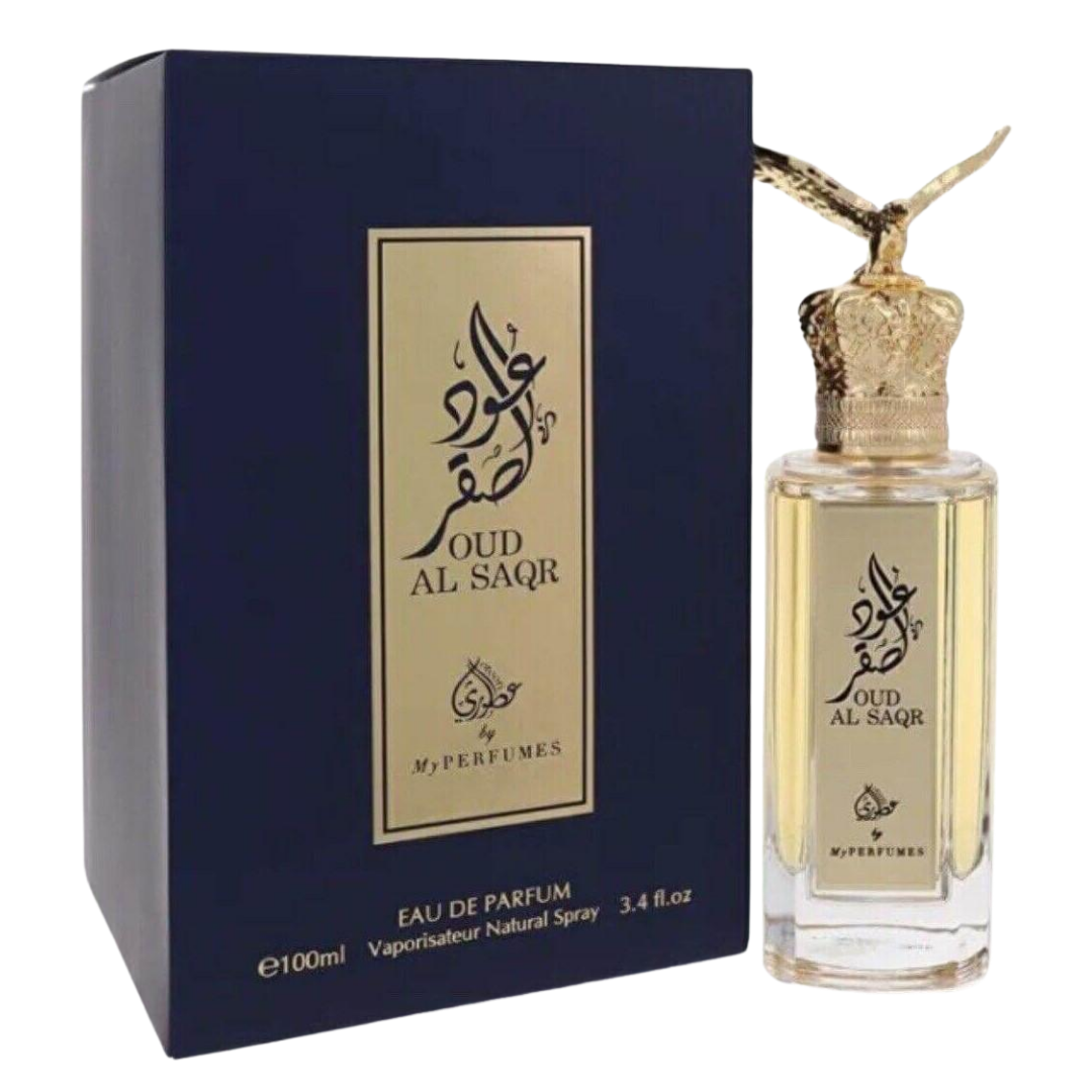 Oud Al Saqr perfume bottle and packaging on a white background