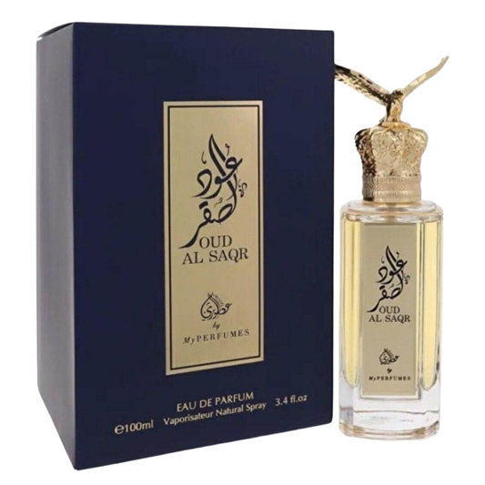 Oud Al Saqr perfume bottle and packaging on a white background