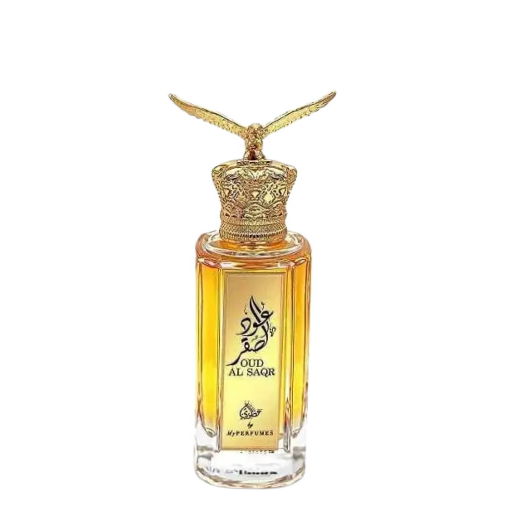 Perfume bottle with gold cap and 'Oud Al Saqr' branding on a white background. Oud Al Saqr by Arabiyat Prestige Unisex Perfume