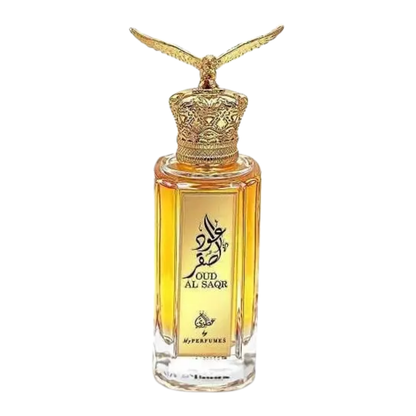 Perfume bottle with gold cap and 'Oud Al Saqr' branding on a white background. Oud Al Saqr by Arabiyat Prestige Unisex Perfume