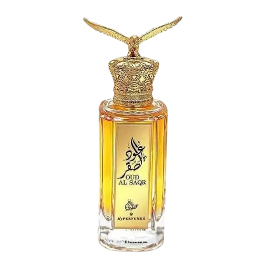 Perfume bottle with gold cap and 'Oud Al Saqr' branding on a white background. Oud Al Saqr by Arabiyat Prestige Unisex Perfume