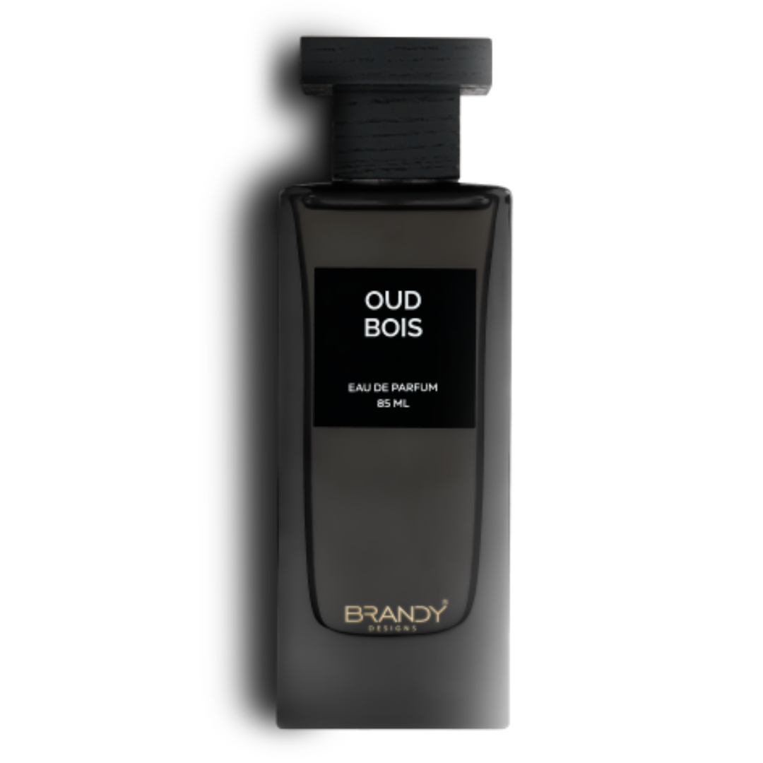 Oud Bois Eau de Parfum 85ml by Brandy Designs – sleek matte black unisex fragrance bottle with minimalist label. Clone / dupe of / inspired by Tom Ford - Oud Wood.