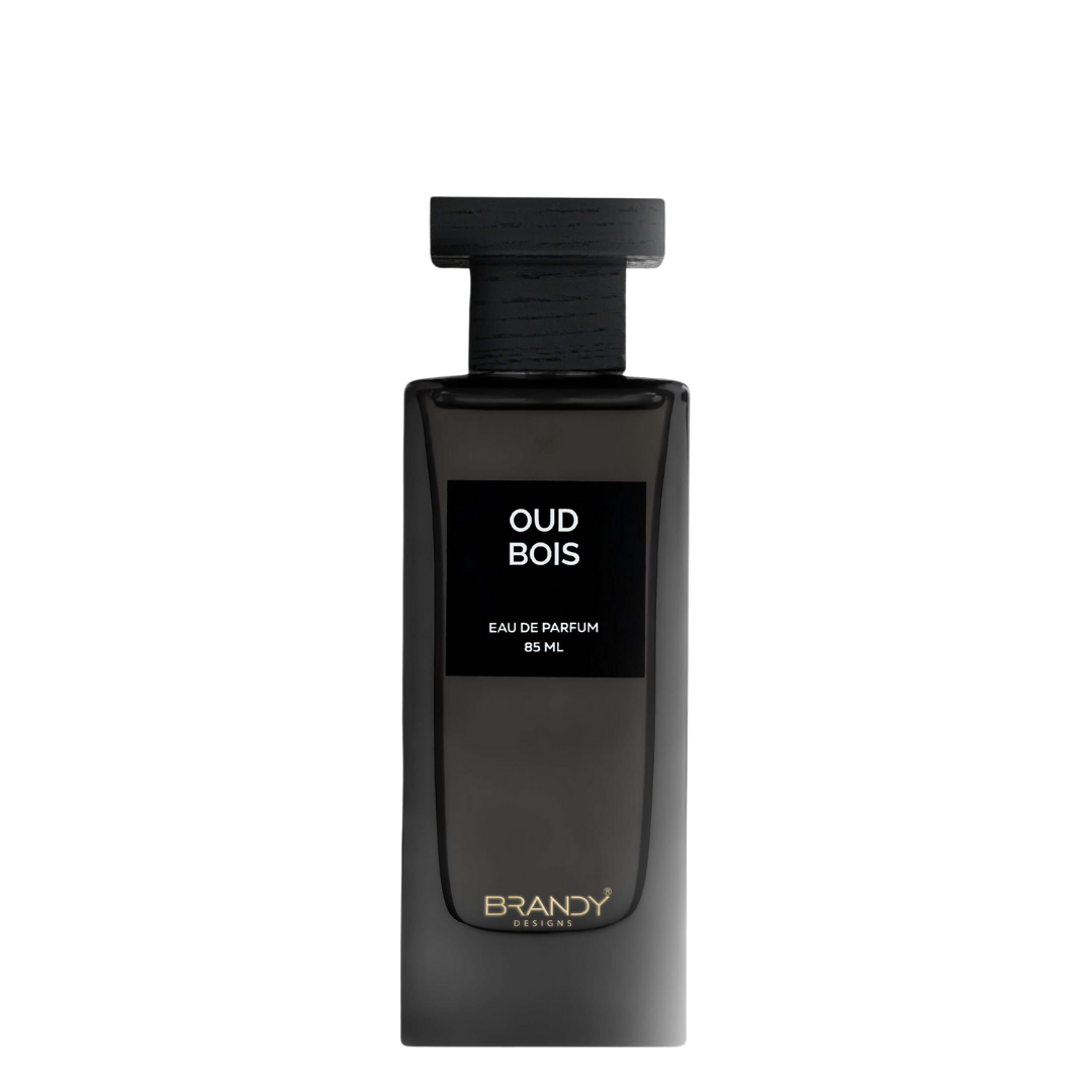 Oud Bois Eau de Parfum 85ml by Brandy Designs – sleek matte black unisex fragrance bottle with minimalist label. 
