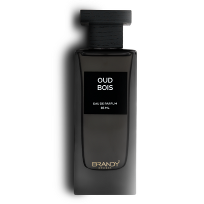 Oud Bois Eau de Parfum 85ml by Brandy Designs – sleek matte black unisex fragrance bottle with minimalist label. Clone / dupe of / inspired by Tom Ford - Oud Wood.