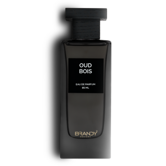 Oud Bois Eau de Parfum 85ml by Brandy Designs – sleek matte black unisex fragrance bottle with minimalist label. Clone / dupe of / inspired by Tom Ford - Oud Wood.