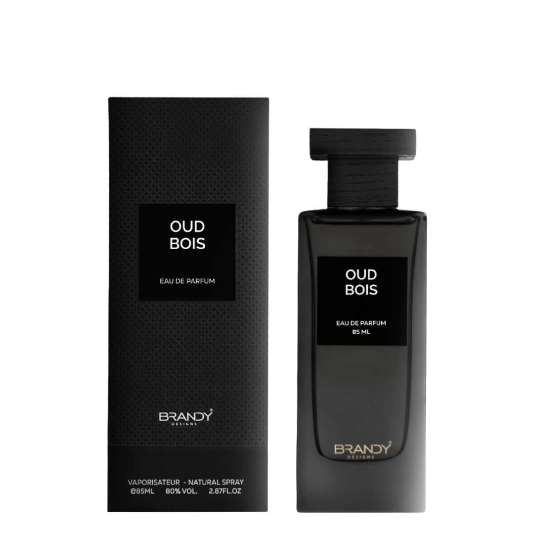 Oud Bois by Brandy Designs – unisex 85ml Eau de Parfum in black minimalist bottle and textured packaging set. 