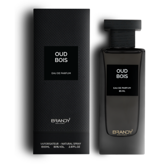 Oud Bois by Brandy Designs – unisex 85ml Eau de Parfum in black minimalist bottle and textured packaging set. Clone / dupe of / inspired by Tom Ford - Oud Wood.