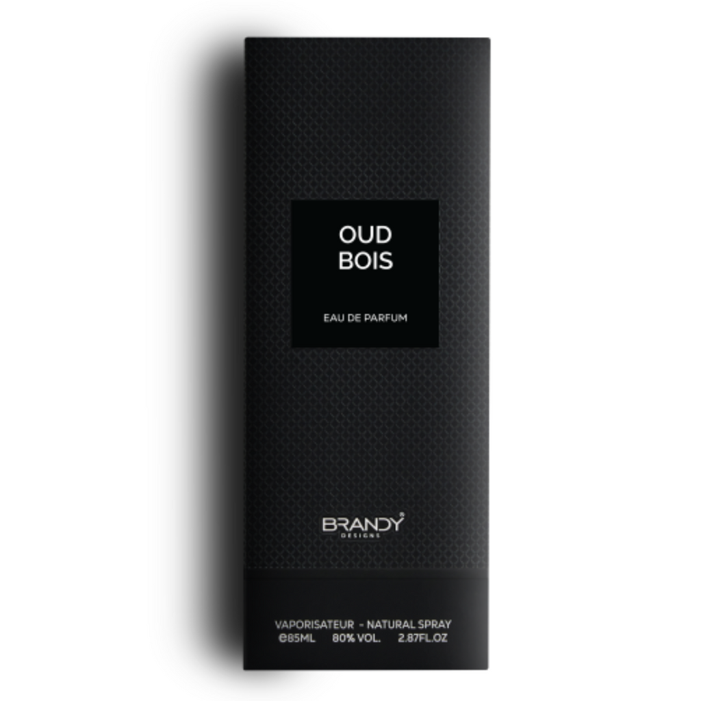 Brandy Designs Oud Bois – 85ml Eau de Parfum in textured black box with modern monochrome branding. 