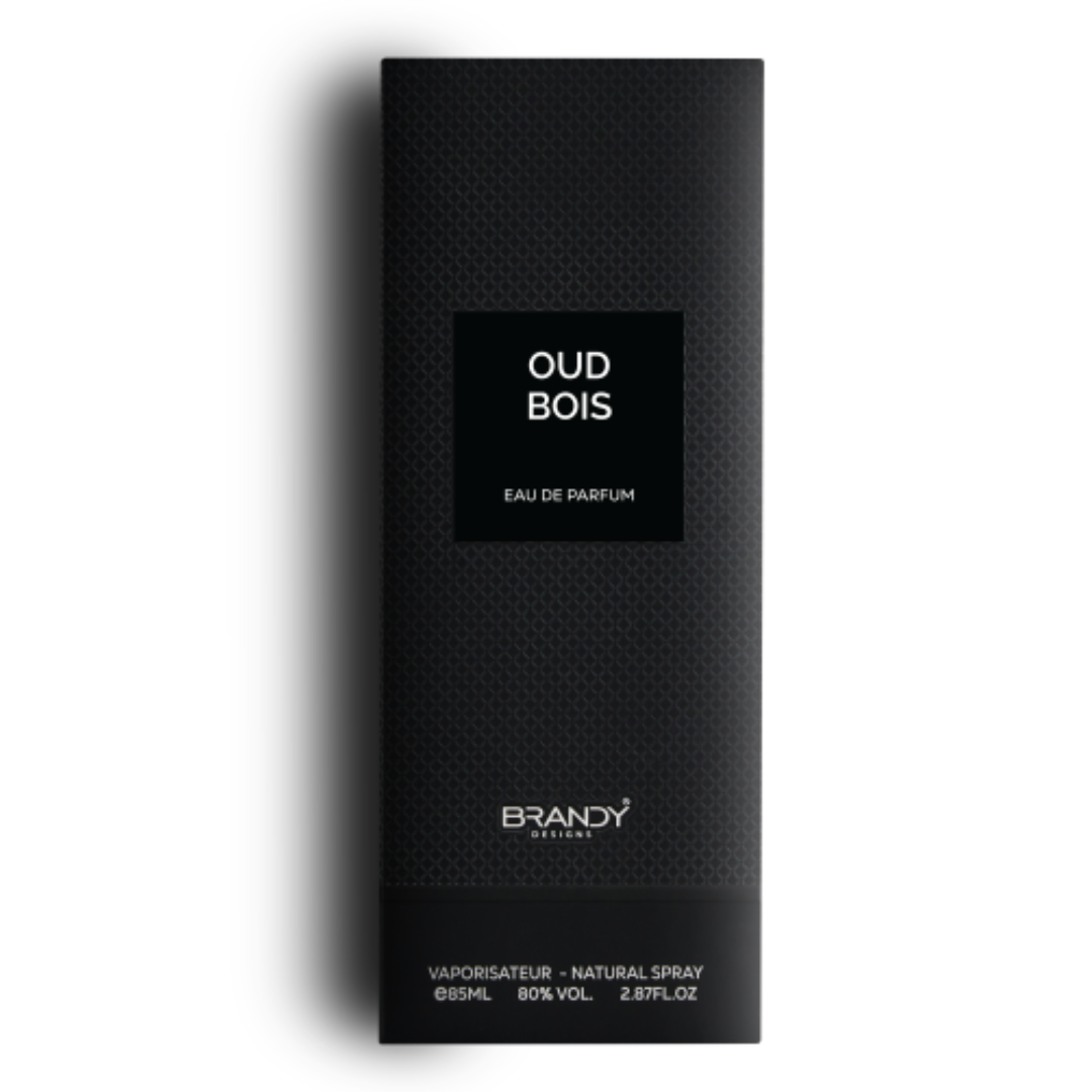 Brandy Designs Oud Bois – 85ml Eau de Parfum in textured black box with modern monochrome branding. 