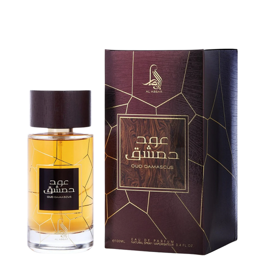Oud Damascus perfume bottle and packaging on a white background