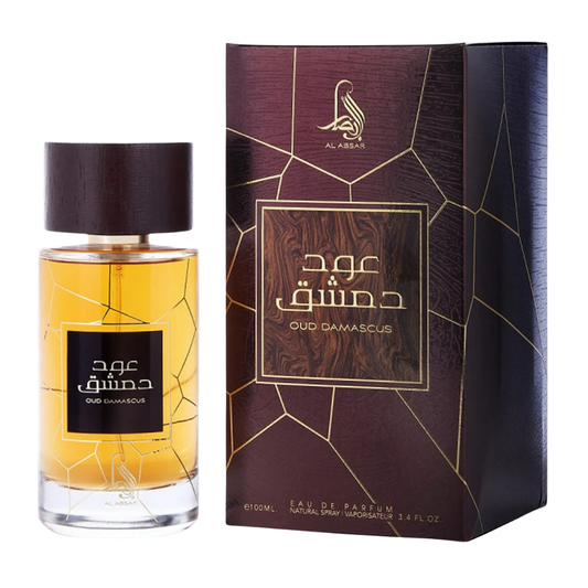 Oud Damascus perfume bottle and packaging on a white background