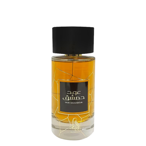 Perfume bottle with a black cap and decorative label on a white background