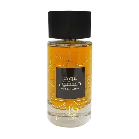 Perfume bottle with a black cap and decorative label on a white background