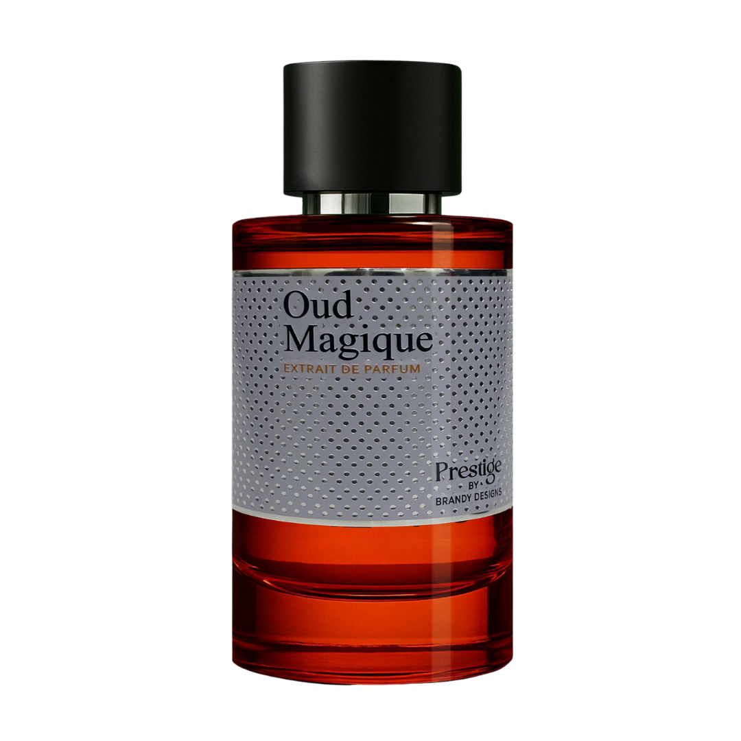 Perfume bottle labeled 'Oud Magique' by Prestige on a white background