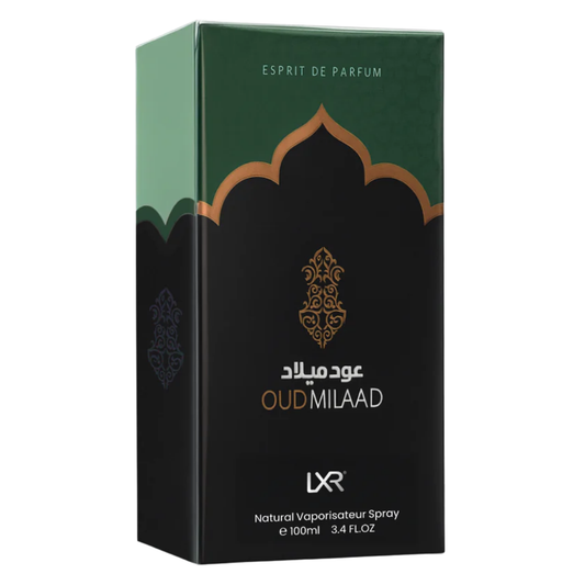 Oud Milaad perfume packaging with green and black design.