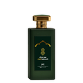 Green perfume bottle with gold cap on a white background. Oud Milaad by LXR Mens Perfume