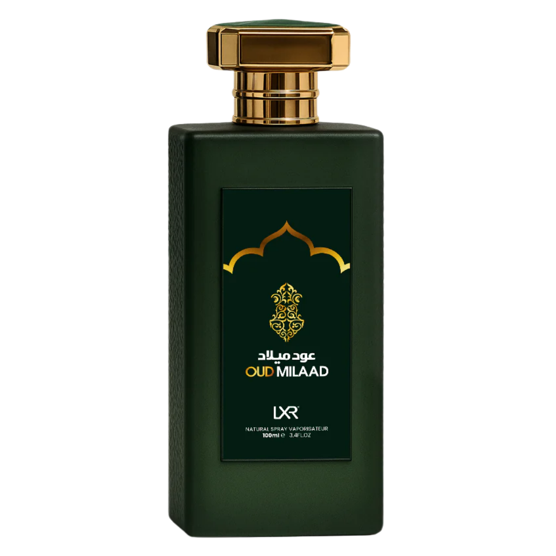 Green perfume bottle with gold cap on a white background. Oud Milaad by LXR Mens Perfume