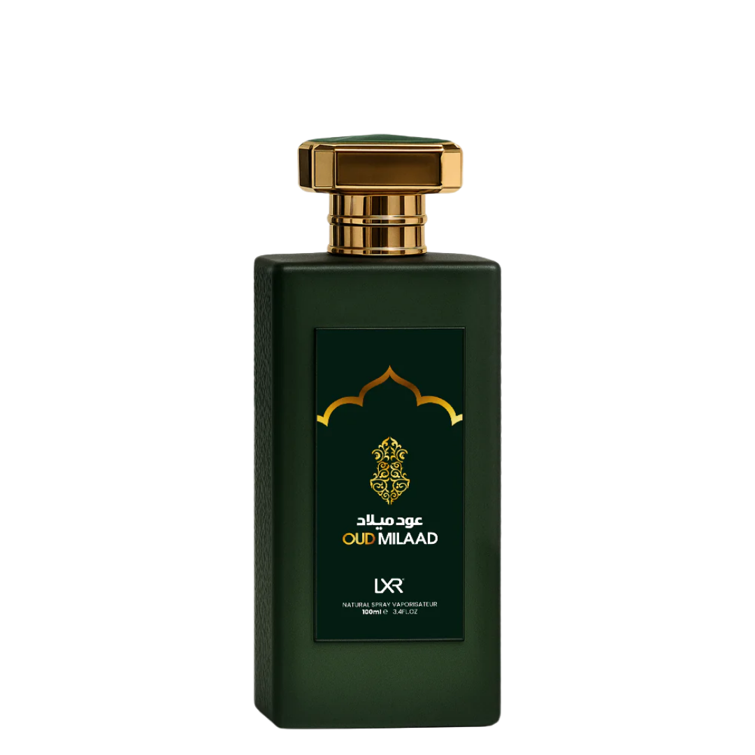 Green perfume bottle with gold cap on a white background. Oud Milaad by LXR Mens Perfume