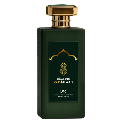 Green perfume bottle with gold cap on a white background. Oud Milaad by LXR Mens Perfume