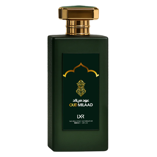 Green perfume bottle with gold cap on a white background. Oud Milaad by LXR Mens Perfume