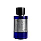 Blue perfume bottle labeled 'Oud Mystery' on a white background