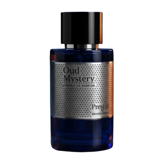 Blue perfume bottle labeled 'Oud Mystery' on a white background