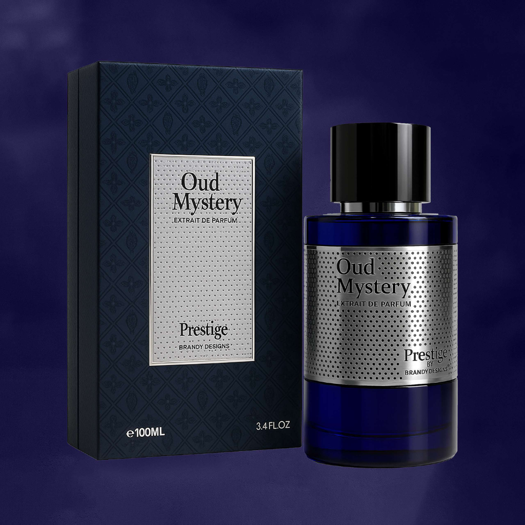 Perfume bottle labeled 'Oud Mystery' on a stone surface with a blurred natural background