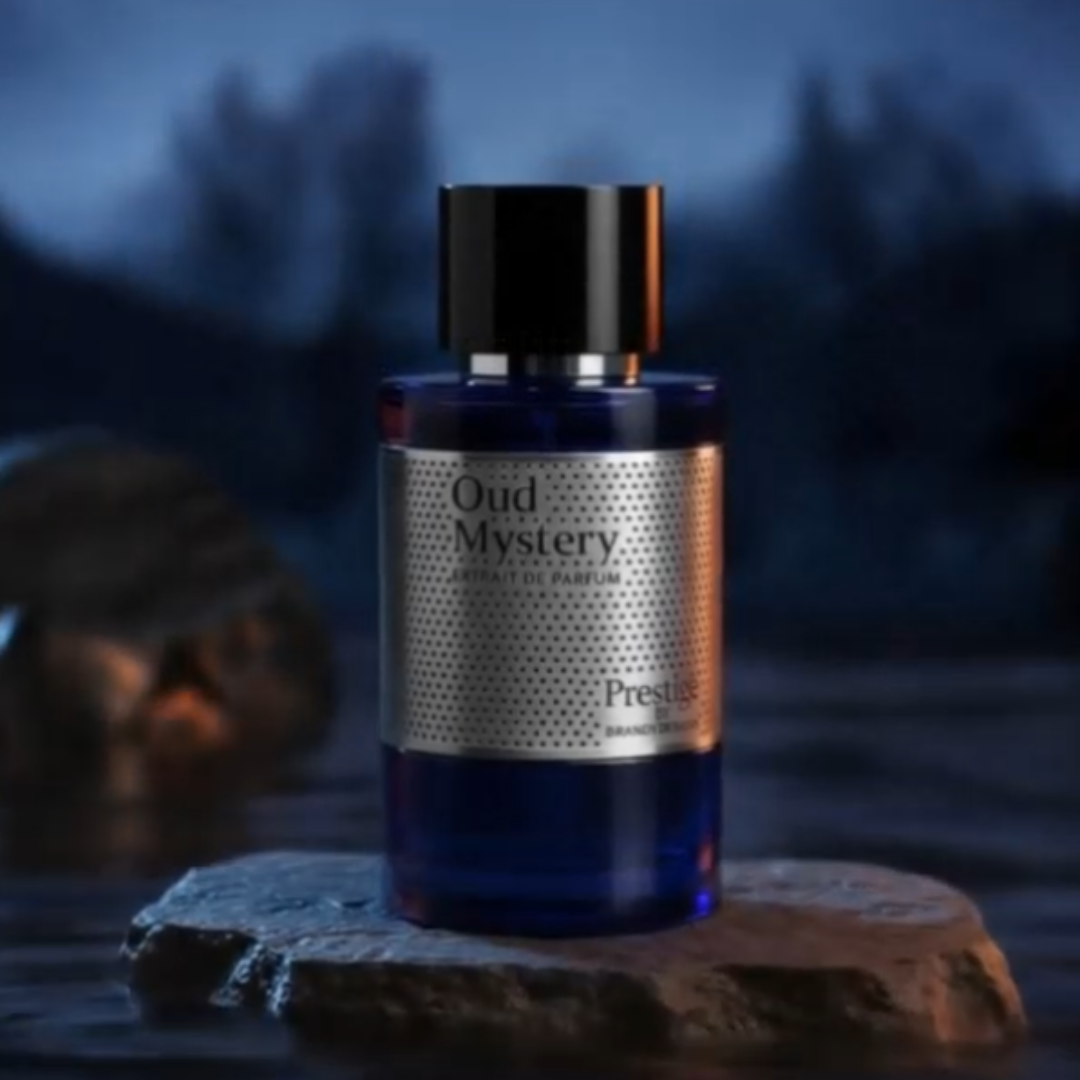 Perfume bottle labeled 'Oud Mystery' on a stone surface with a blurred natural background