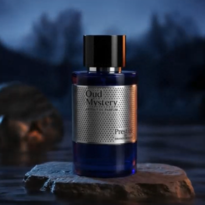 Perfume bottle labeled 'Oud Mystery' on a stone surface with a blurred natural background
